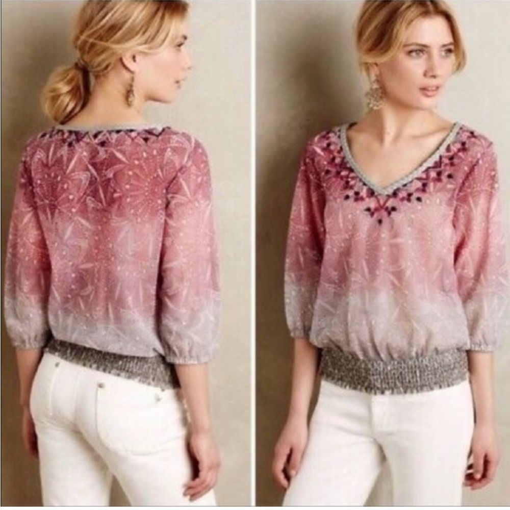 Anthropologie Akemi + Kin Smocked Embroidered Peasant top